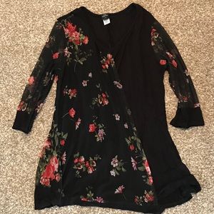 3/4 Sleeve V-Neck Blouse with Floral Sheer Layer